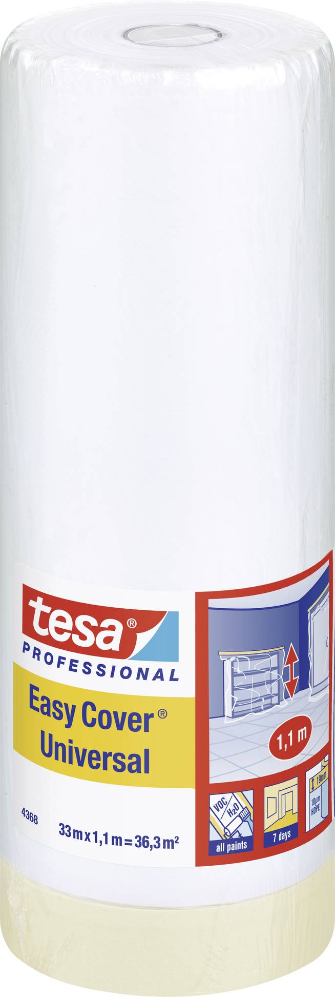 Tesa Easy Cover Universal Roll: 1.1 m x 33 m, providing 36.3 m². Illustration shows application for window and edge protection during painting.