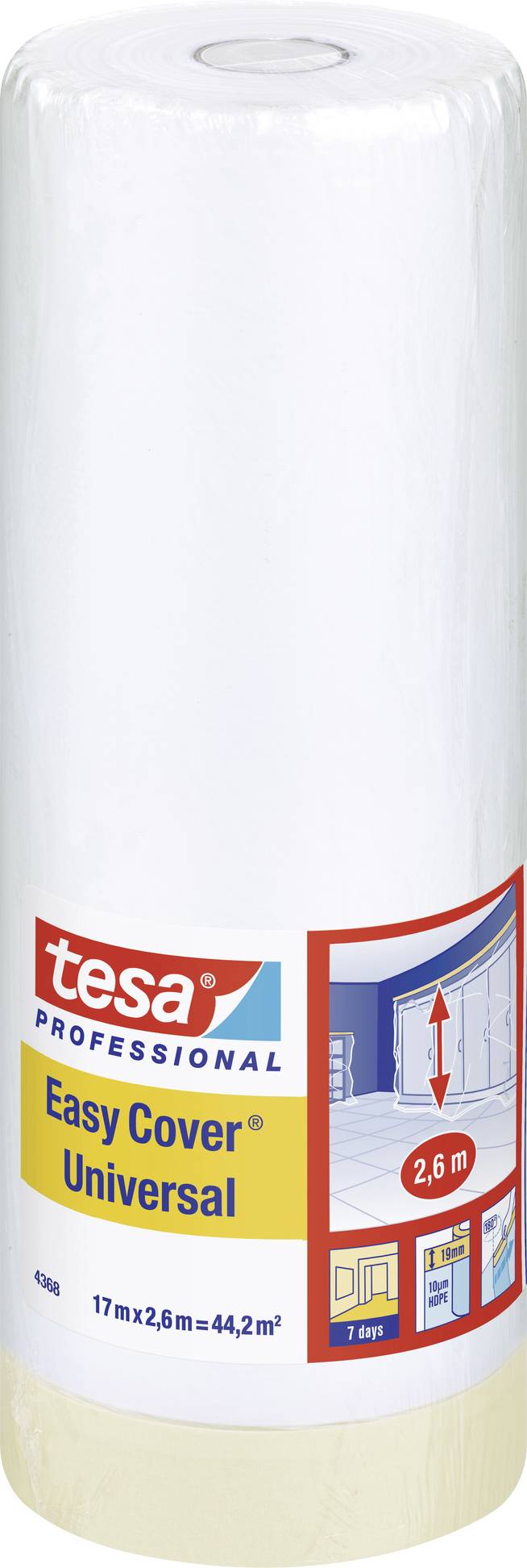 A roll of masking film 'tesa Easy Cover Universal', 44.2 m², ideal for protecting floors and furniture when painting, with 2.6 m width.