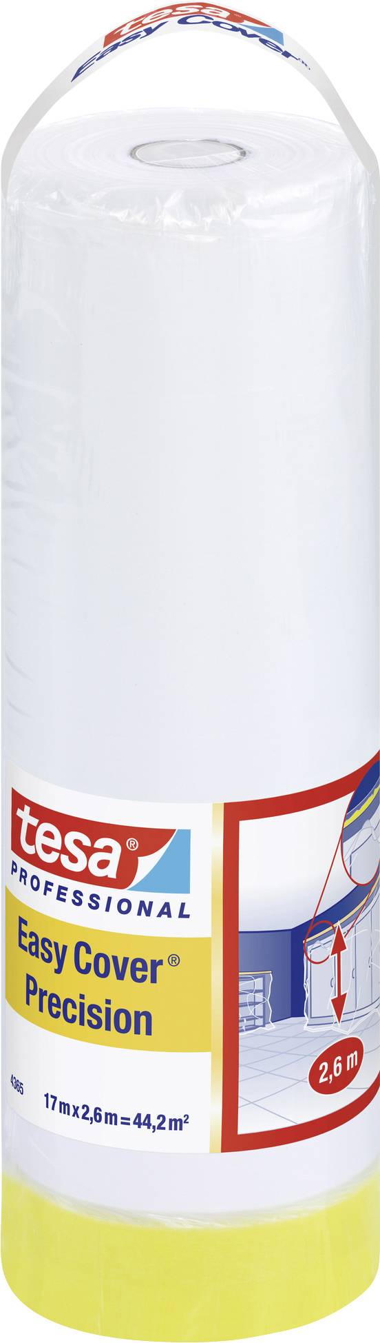 A roll of Tesa Professional Easy Cover Precision masking film. Packaging shows yellowish film and print '17m x 2.6m = 44.2m²'.
