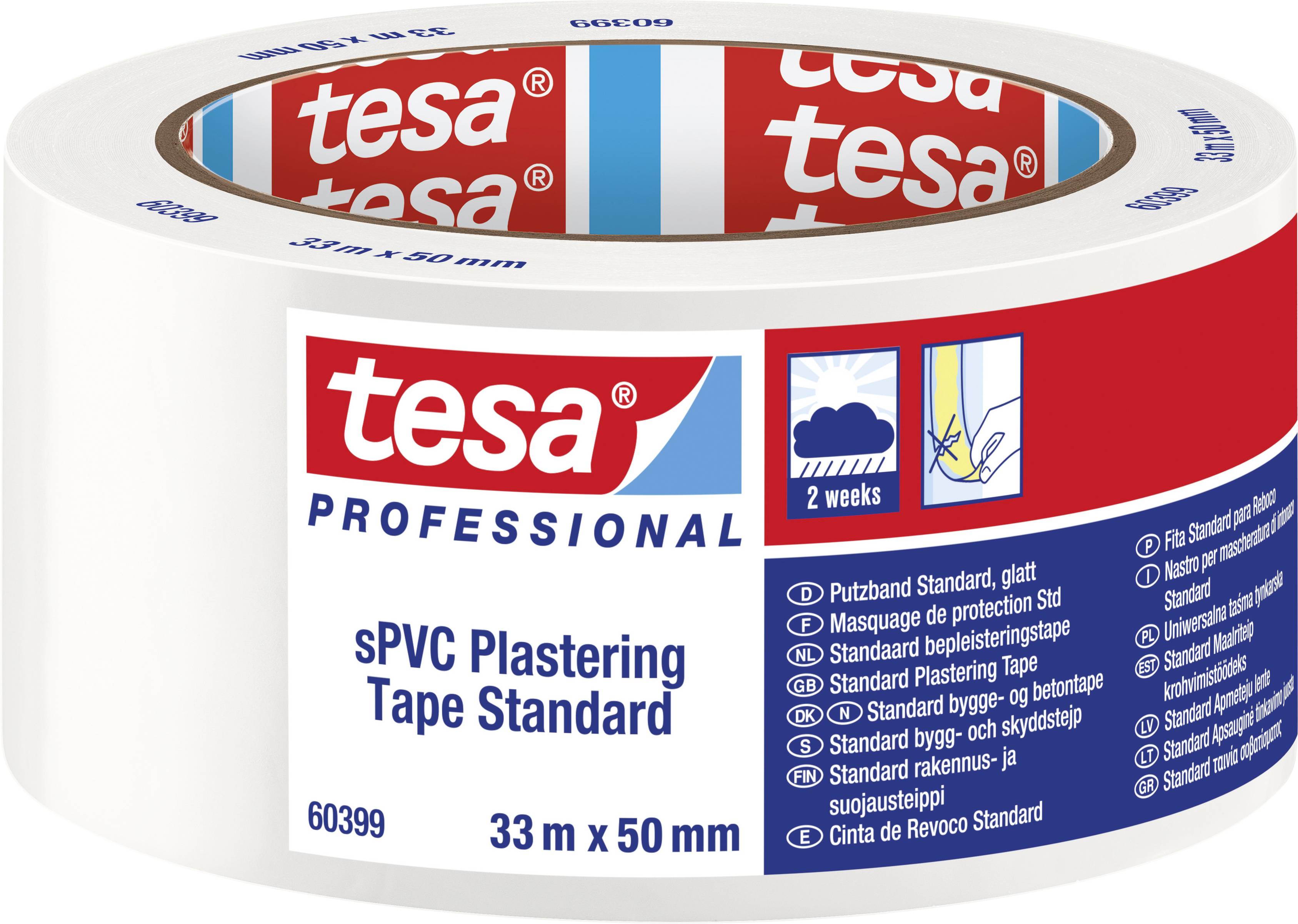 'Tesa Professional sPVC Plastering Tape Standard', Adhesive Tape Roll, white with blue-red label, Length 33 m, Width 50 mm.