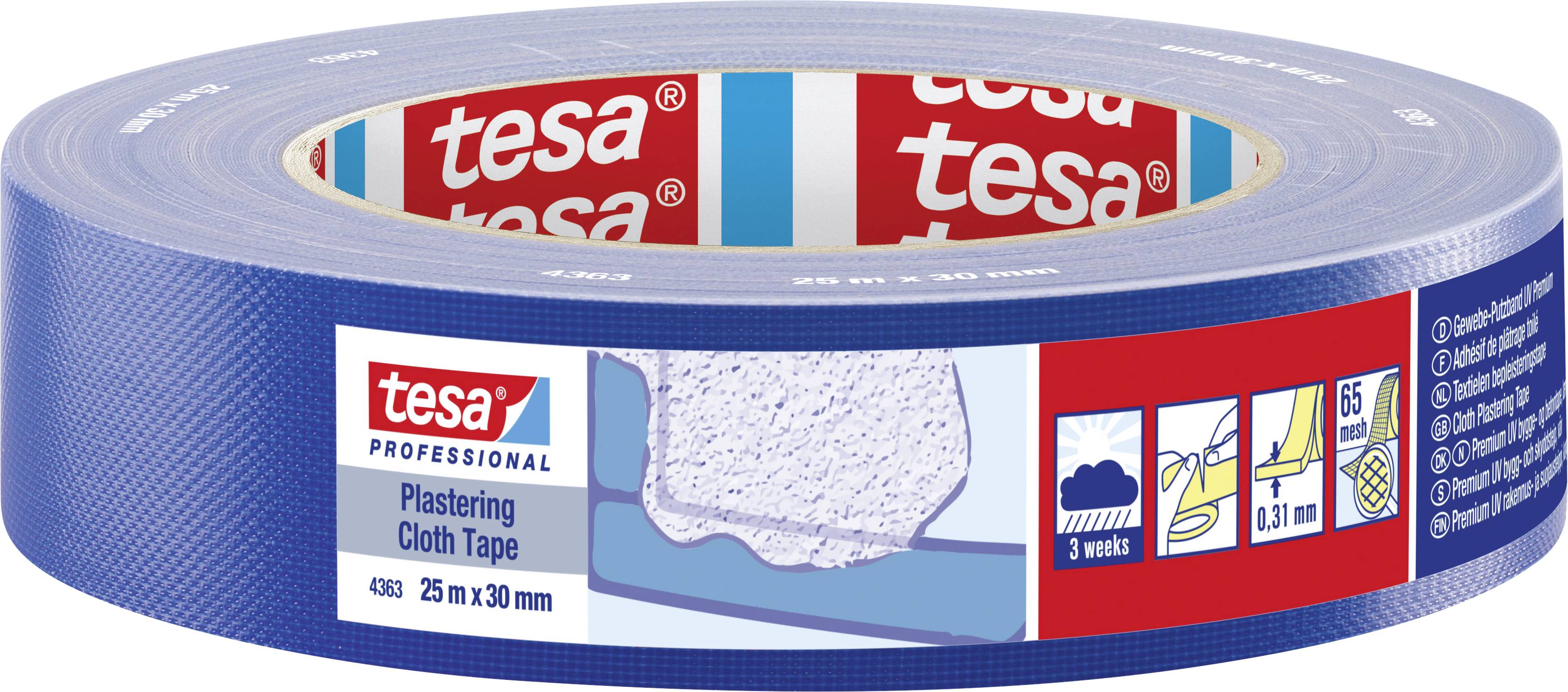 Blue fabric tape by Tesa, 25 m x 30 mm, suitable for painting work. Packaging shows usage examples and durability.