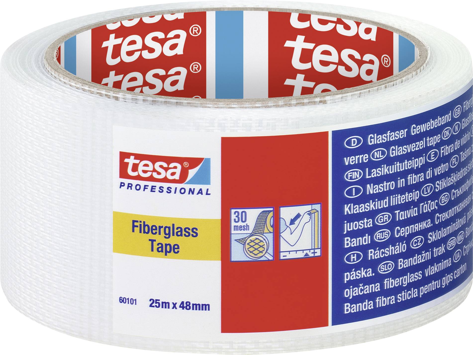 Roll of Tesa fibreglass adhesive tape, 25 m x 48 mm. Product description and brand name are visible.