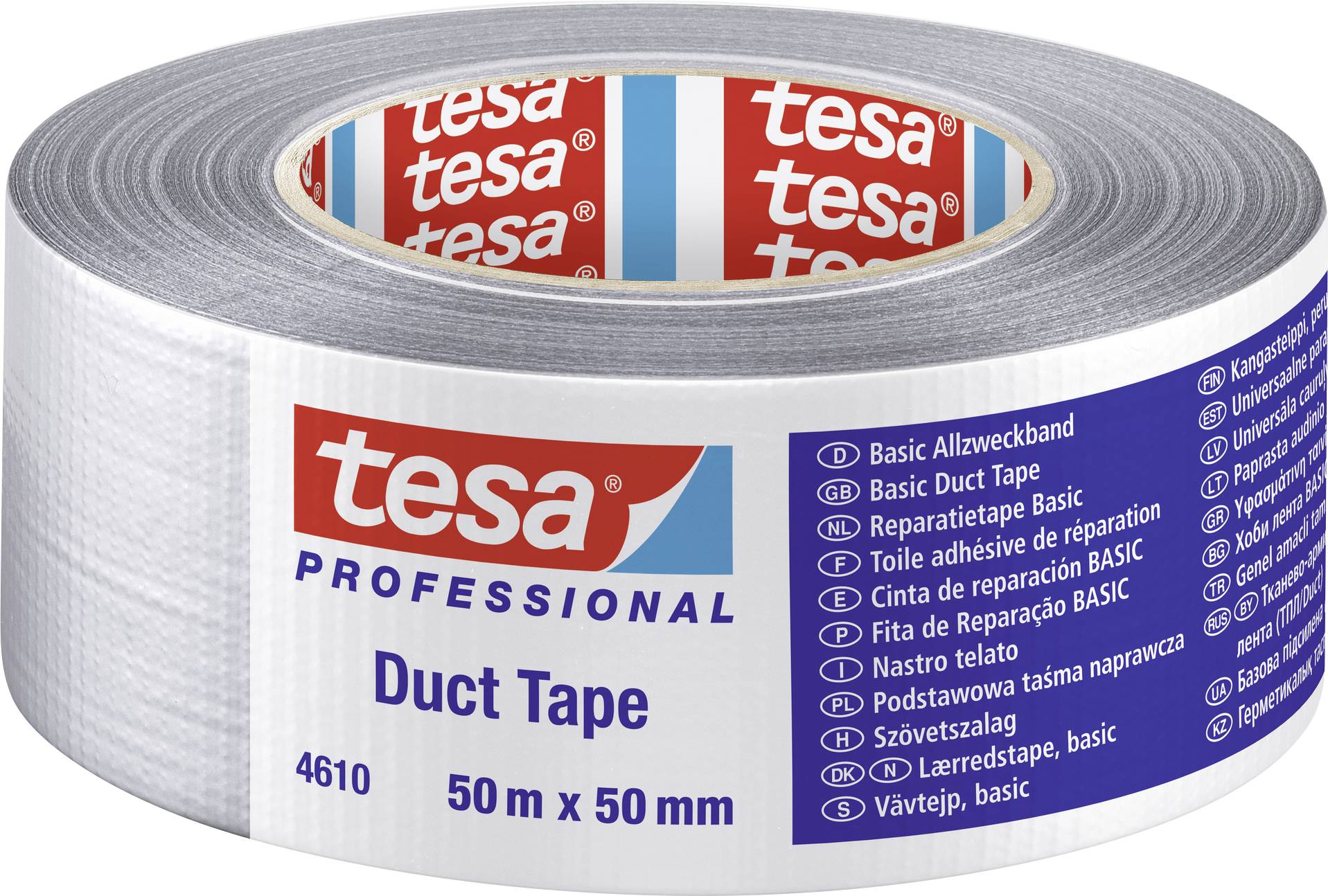 A roll of silver adhesive tape by 'tesa', 50 m long and 50 mm wide, with blue and white packaging.