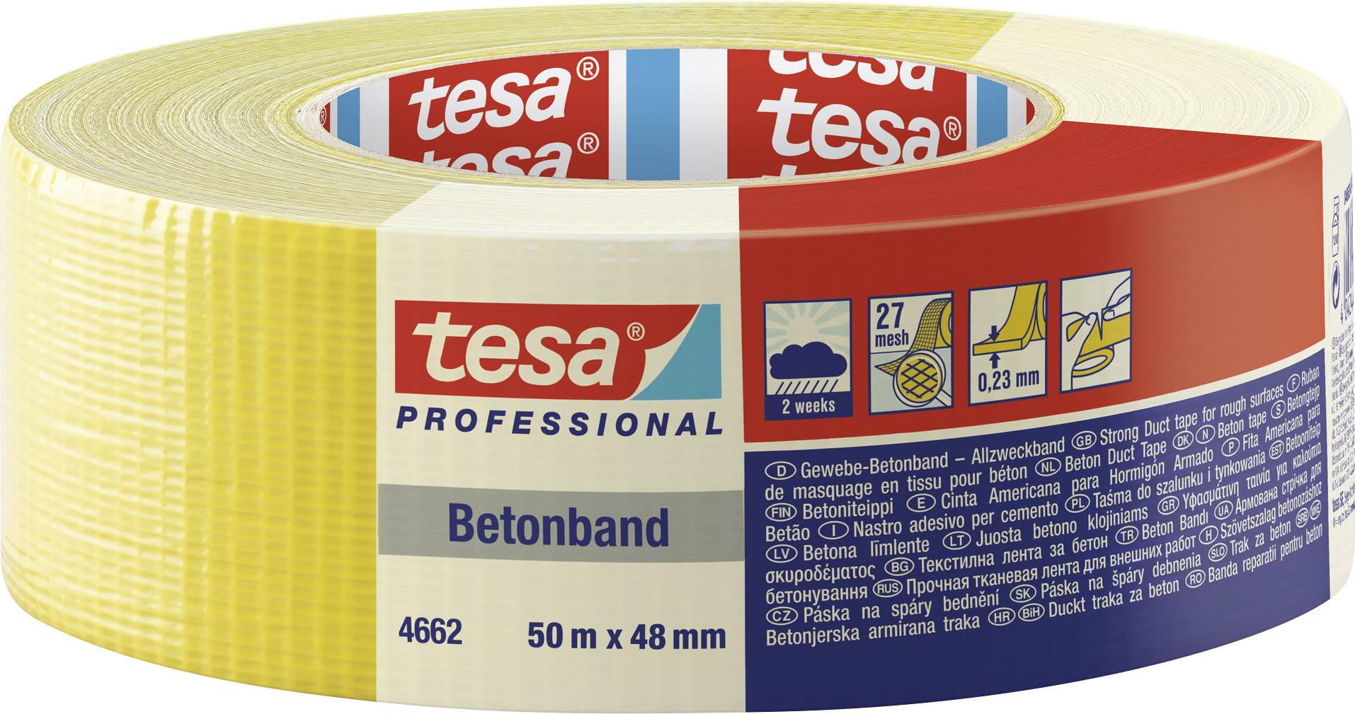 A roll of yellow, professional tesa concrete tape. Dimensions: 50 m x 48 mm. Suitable for outdoor use and highly adhesive.