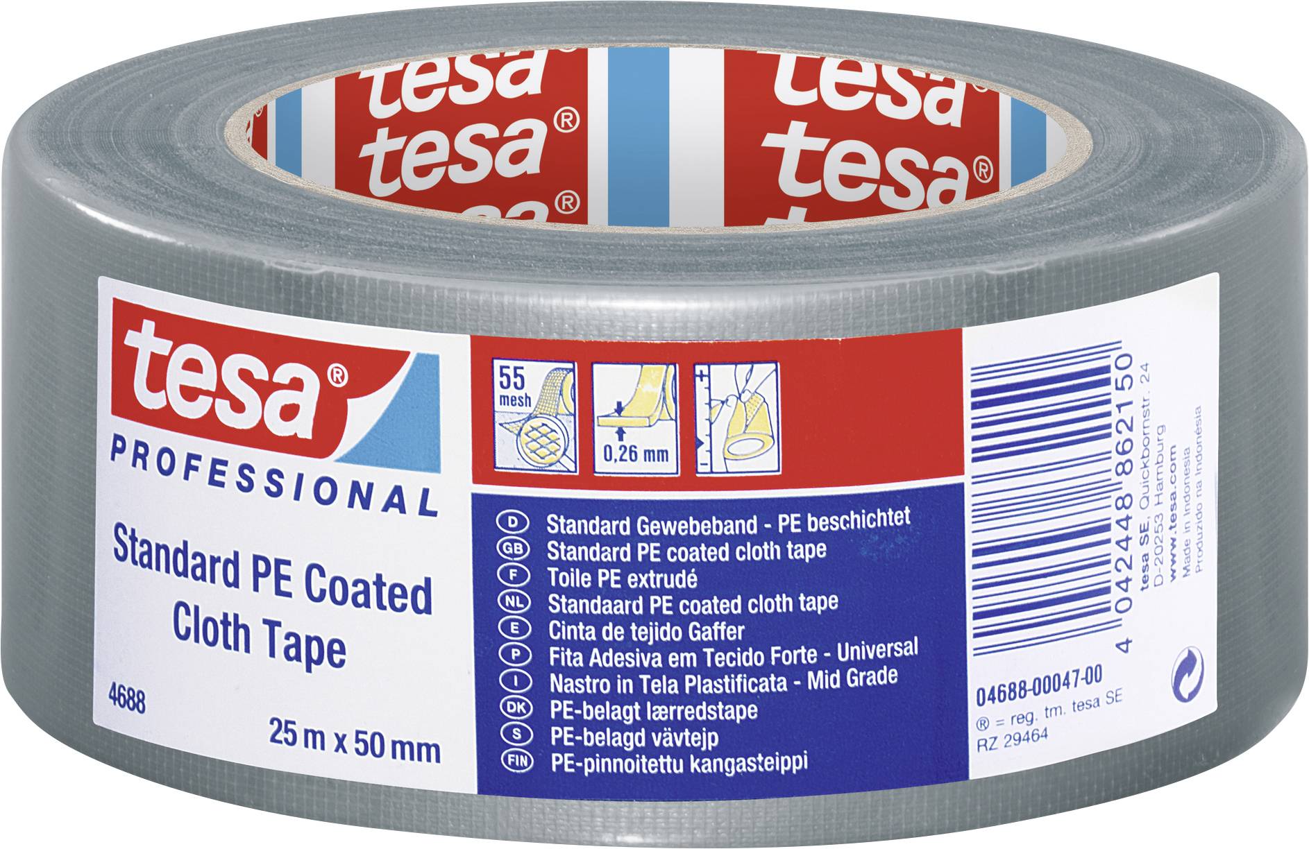 A roll of grey fabric tape by the brand Tesa. The label reads: 'Standard PE Coated Cloth Tape', 25 m x 50 mm.