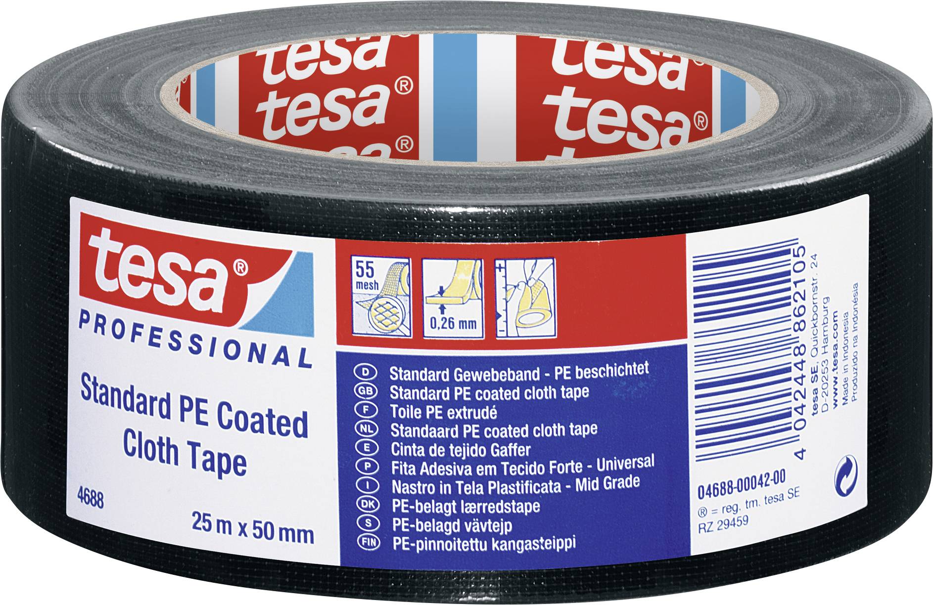Black fabric adhesive tape by tesa, 55 metres long, 50 millimetres wide. Label shows product details in multiple languages.