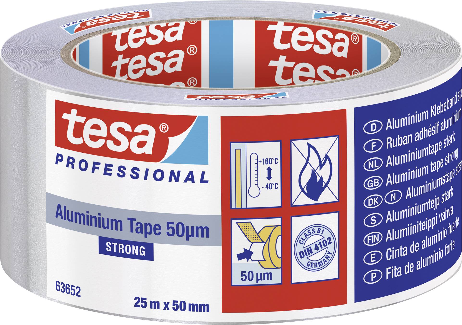 Tesa aluminium adhesive tape, 50mm wide and 25m long. Suitable for temperatures from -40°C to +180°C, DIN-certified.