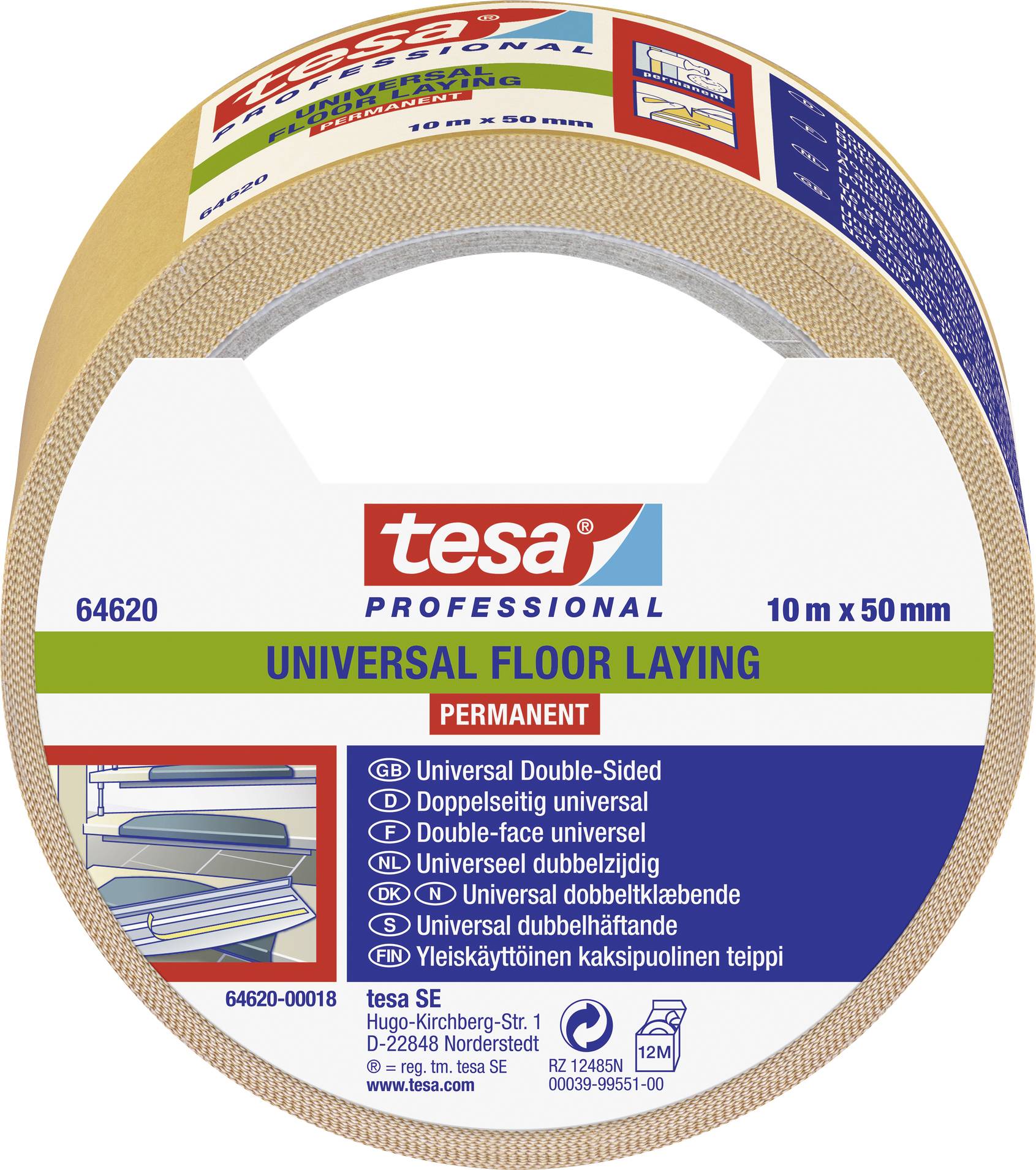 Tesa adhesive tape roll, 10m x 50mm, for floor installation. Print shows application examples and product details.