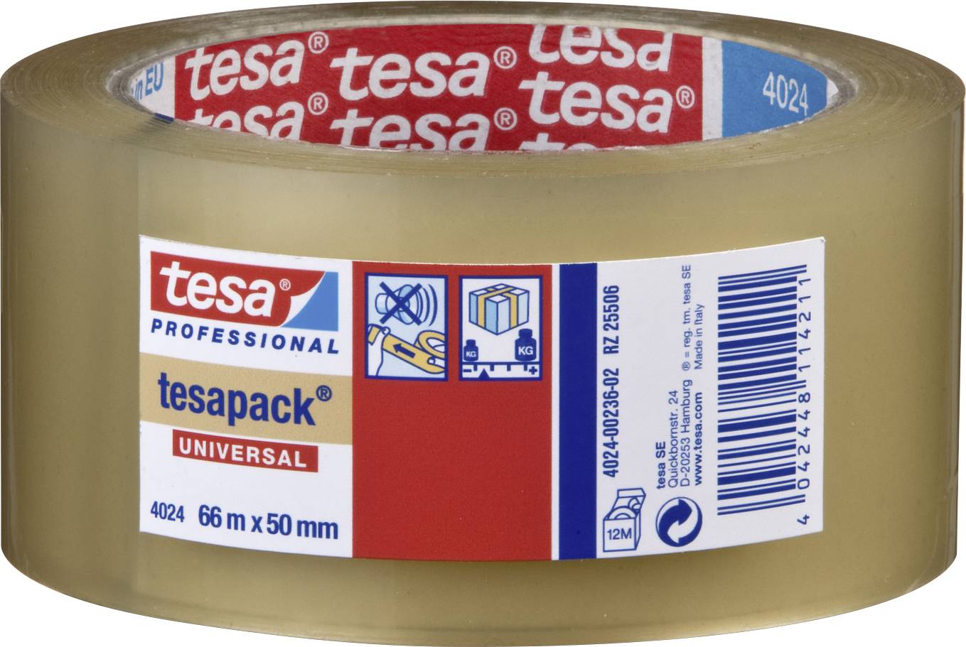 Tesa adhesive tape roll with label. Text reads 'tesa professional tesapack UNIVERSAL', 66 m x 50 mm, with No Noise Symbol.