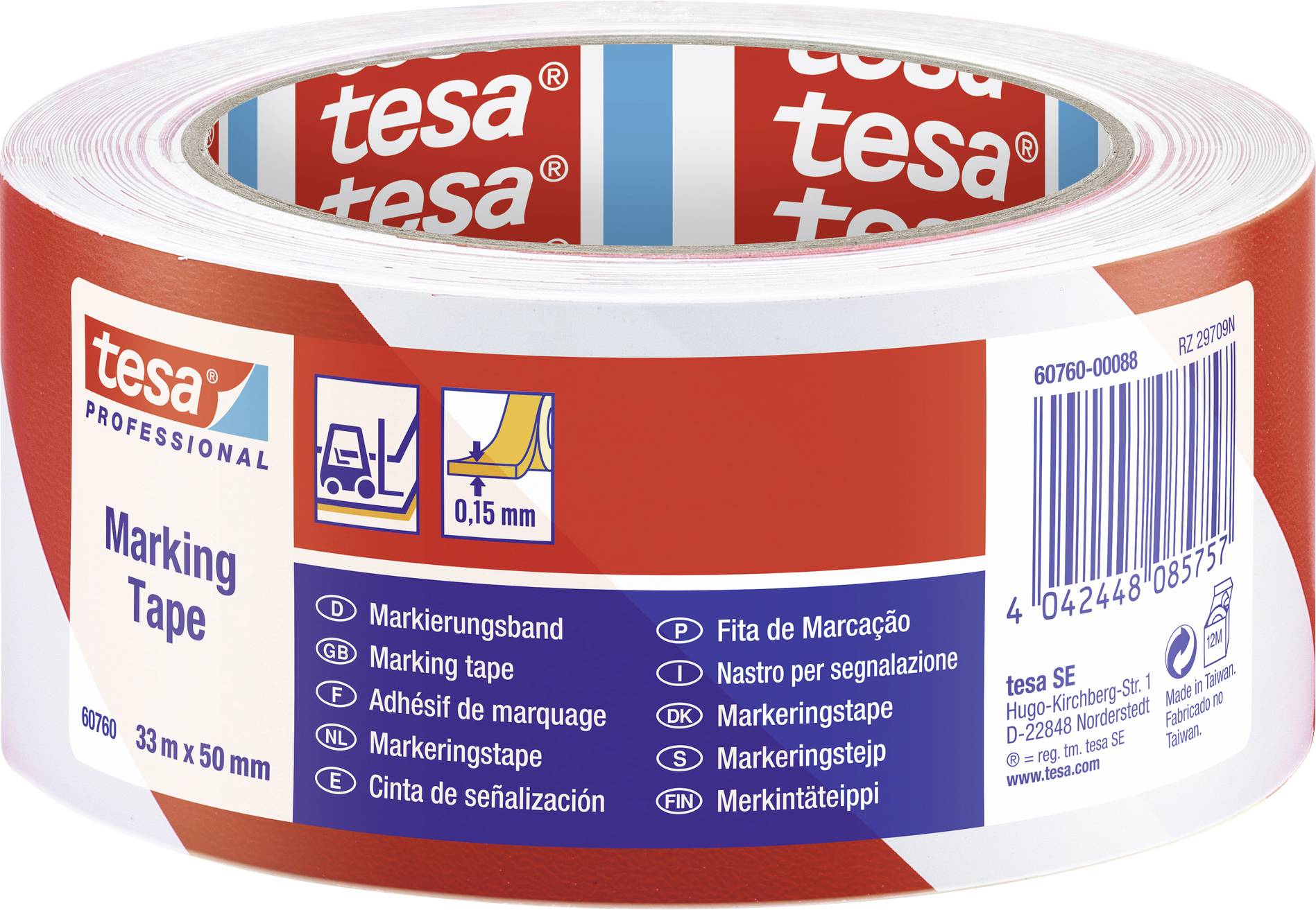 Red tesa marking tape, 33 m x 50 mm, PVC material, suitable for marking, light protection and bundling.