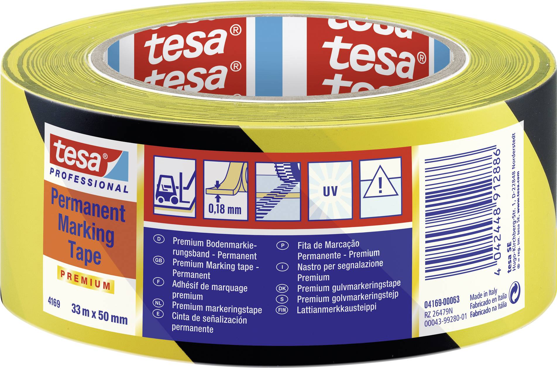 A roll of yellow adhesive tape by 'tesa', 33 m x 50 mm, for permanent markings. Printing shows application examples and product information.