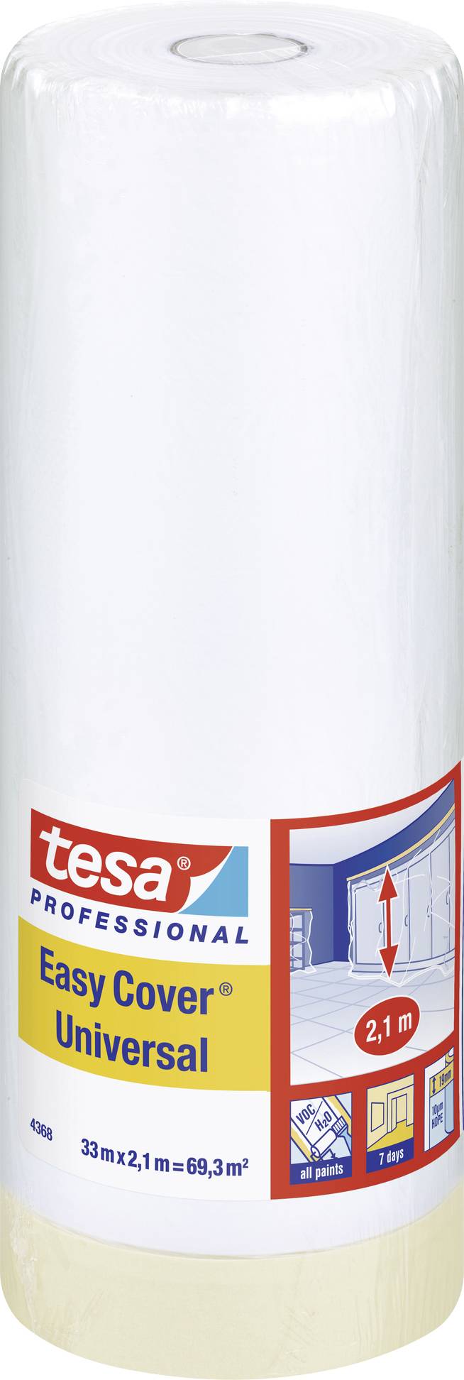 A roll of Tesa Easy Cover Universal, 2.1 m x 33 m, for covering surfaces when painting, with integrated edge for easy application.