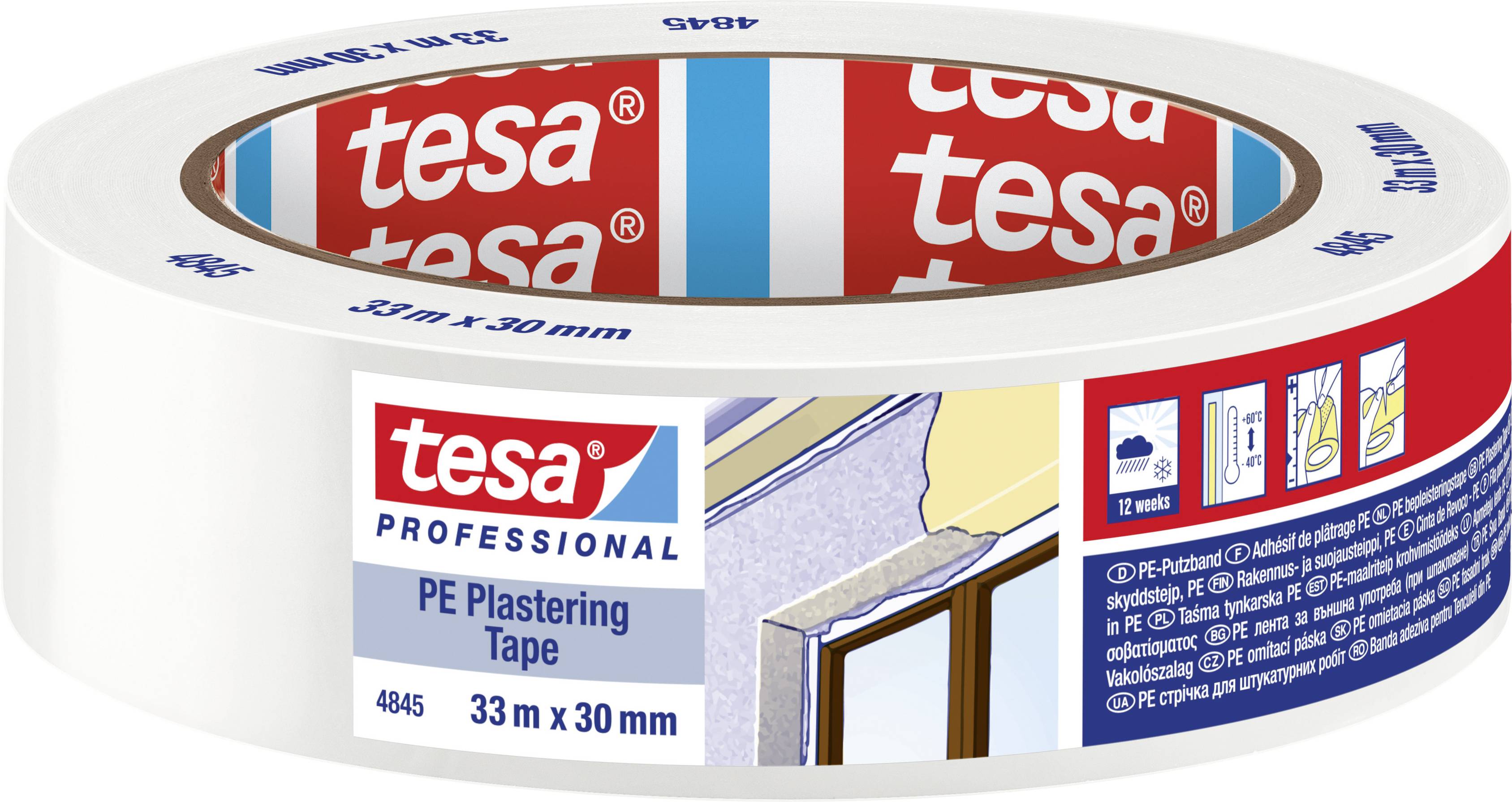 A roll of white tesa PE masking tape, 33 m long and 30 mm wide. Packaging demonstrates application possibilities on window frames.
