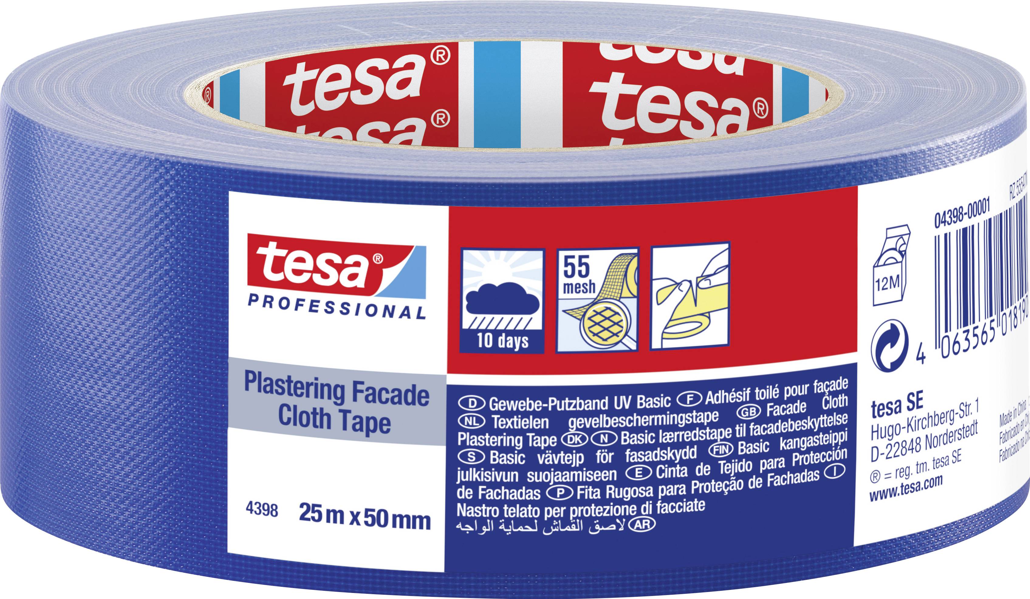 Blue fabric tape by Tesa Professional for cleaning work, 25 m x 50 mm. Weather-resistant, adheres for up to 10 days.