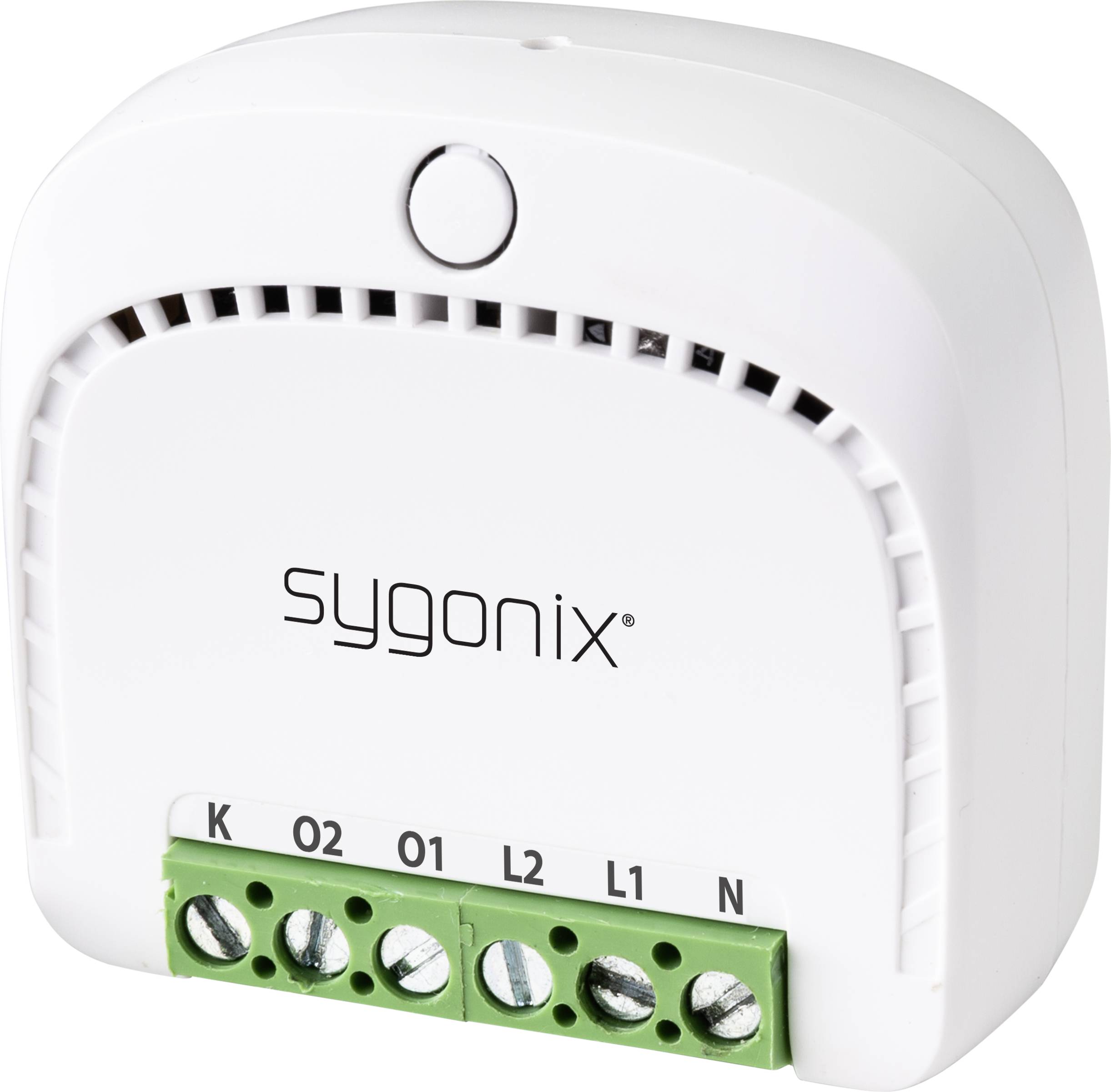 A white, rectangular electrical device by the brand 'sygonix' with multiple connection terminals, suitable for wall mounting.