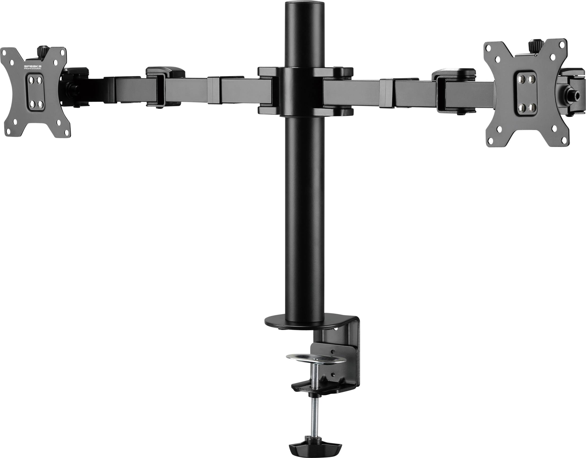 Dual Monitor Mount in Black with Desk Clamp, Suitable for Two Monitors. Adjustable for Optimal Positioning on the Desk.