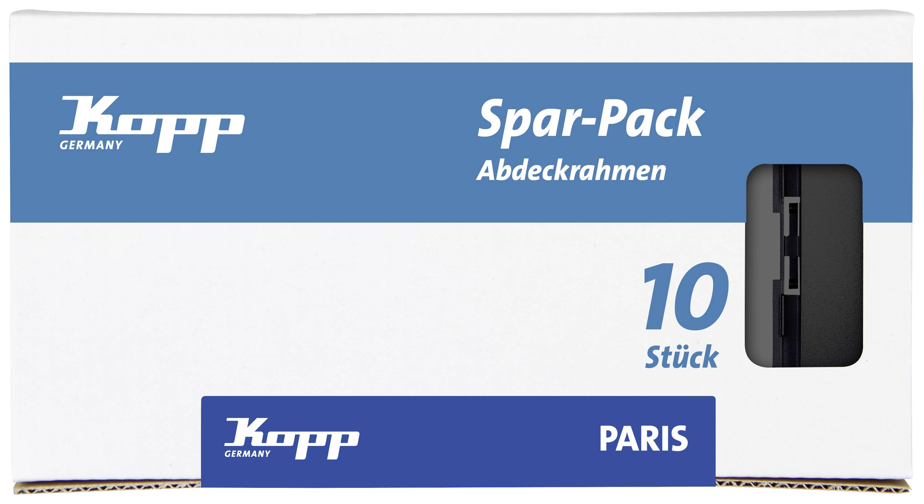 The packaging shows a 'money-saving pack' cover frame with 10 pieces by Kopp, model 'PARIS'.