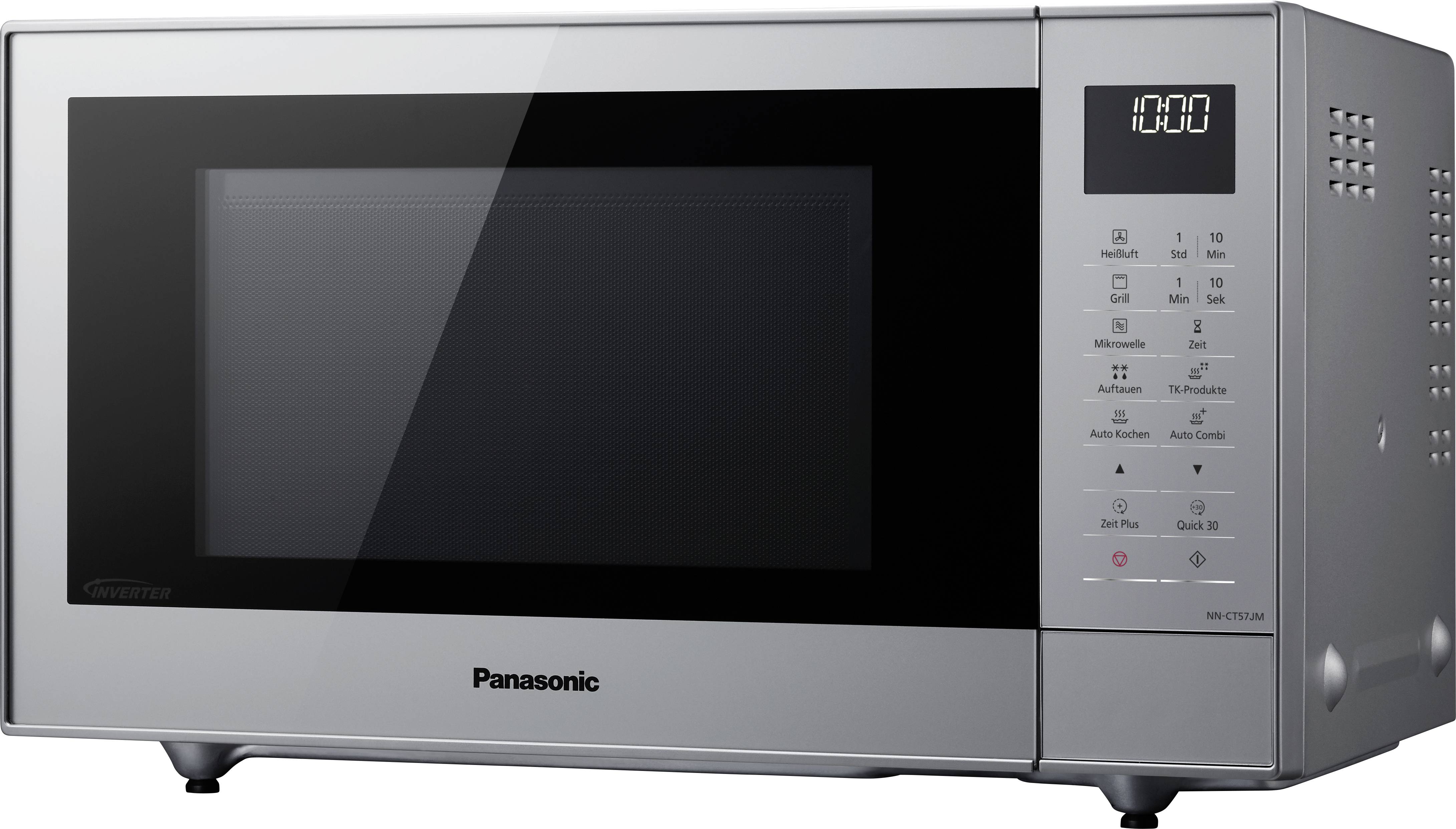A silver microwave with a digital display shows the time as 10:00. Control buttons are located to the right of the door.