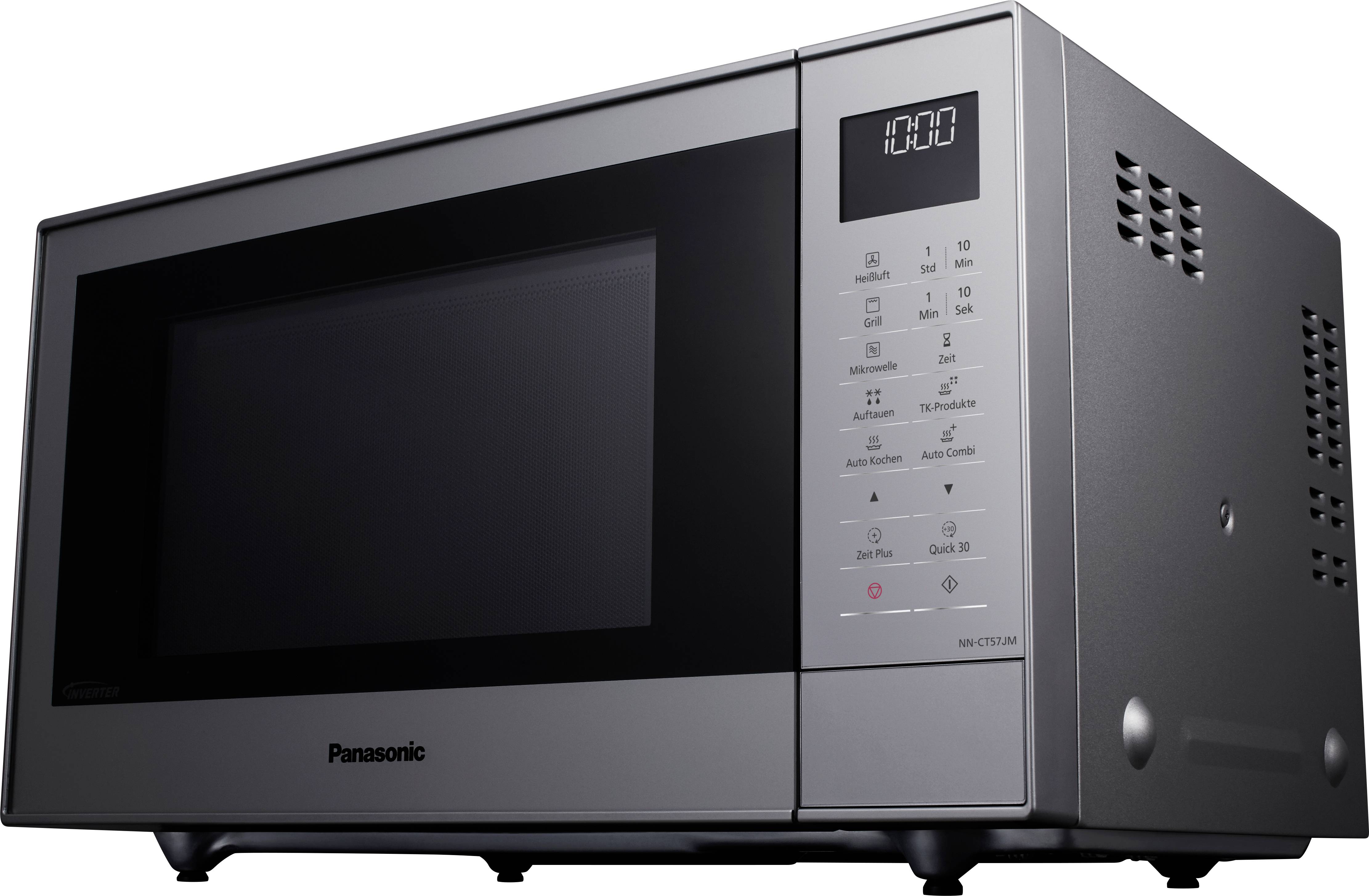A silver Panasonic microwave with a digital display and control buttons on the right-hand side.