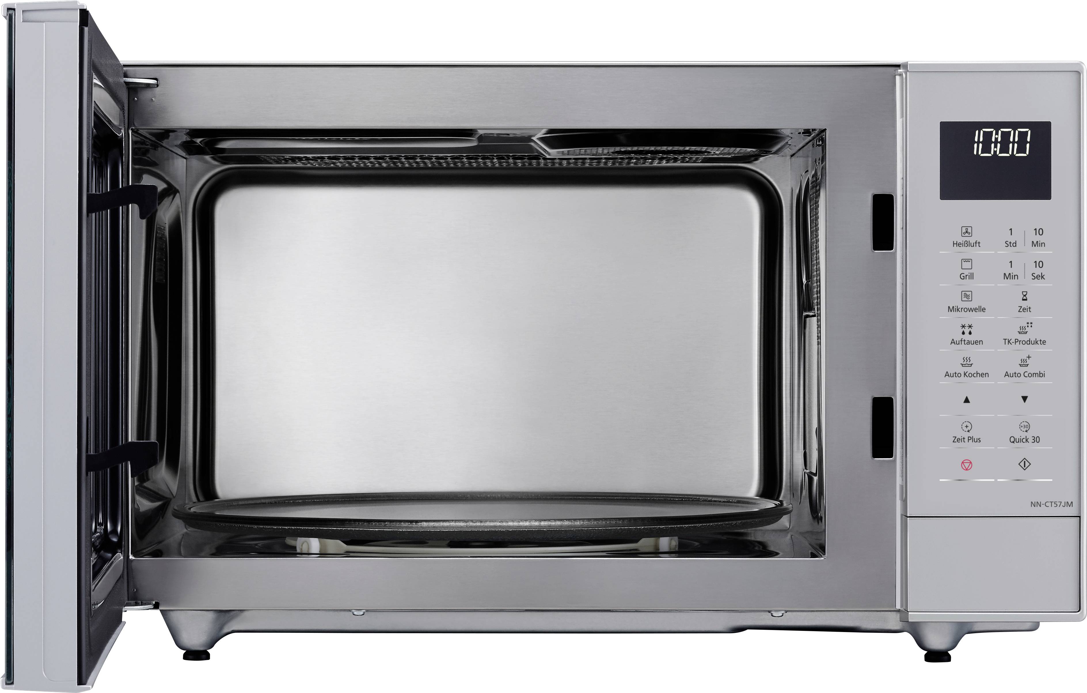 Open microwave, front view. The door is open on the left, with a turntable visible inside, and control buttons and a digital display on the right.
