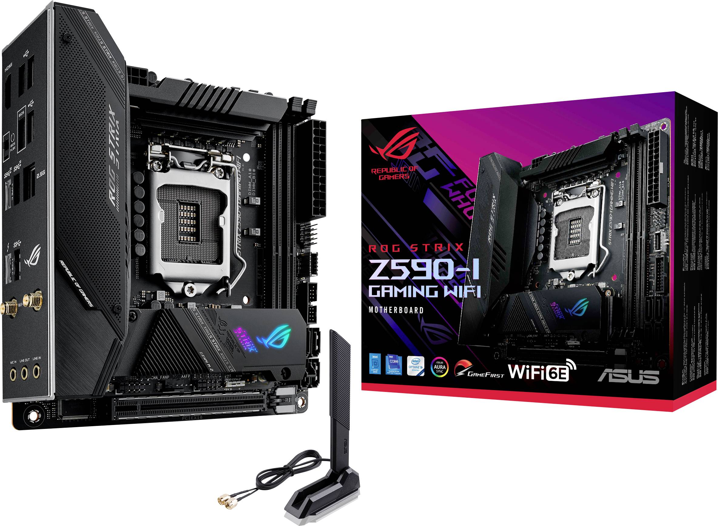 Asus ROG STRIX Z590-I GAMING WIFI Motherboard PC base Intel® 1200 Form factor (details) Mini-ITX Motherboard chipset Intel® Z590