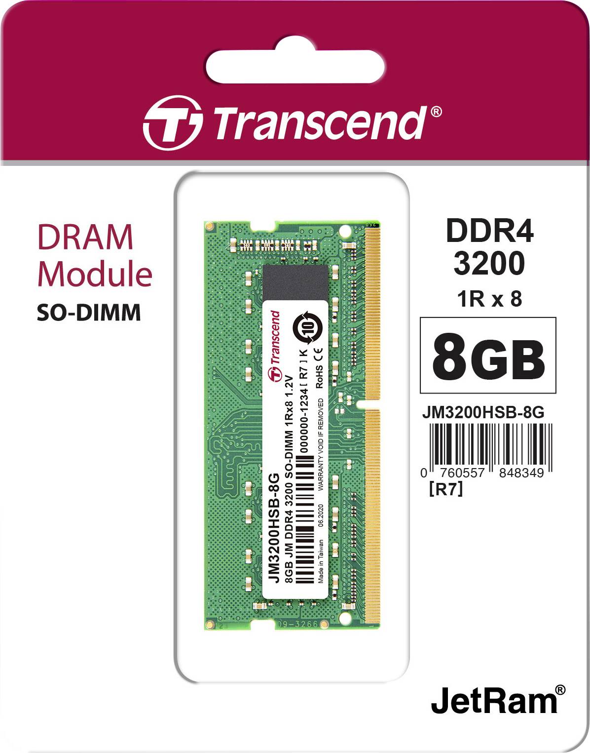 Transcend JetRAM Laptop RAM card DDR4 8 GB 1 x 8 GB 3200 MHz 260-pin SO-DIMM JM3200HSB-8G