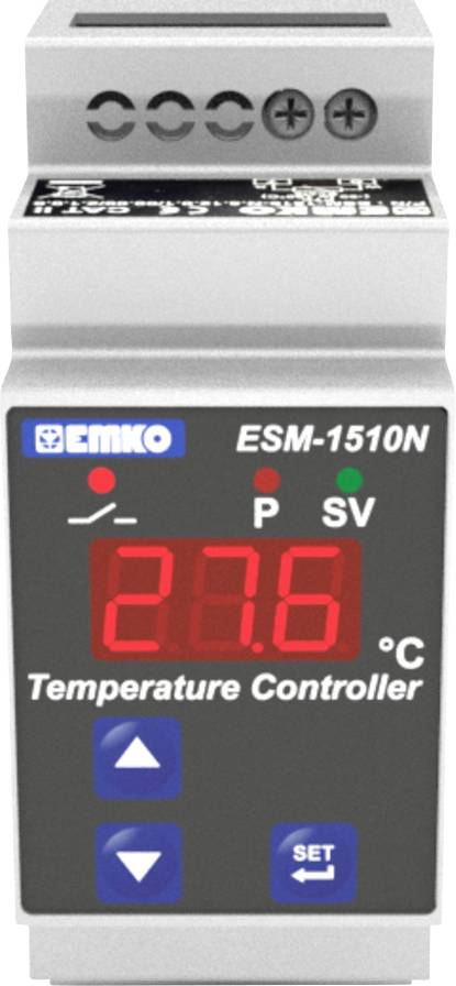Temperature controller with display '28.6 °C', Model ESM-1510N from Emko, shows current and set point values; control buttons below.