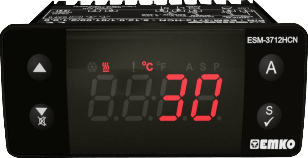 Digital temperature controller display with a red display showing '30 °C'. Brand name 'EMKO' visible. Control buttons on the sides.