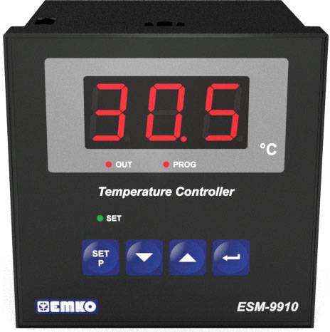 A black temperature controller with a digital display shows '30.5 °C'. Setting buttons are located at the bottom. Model number: ESM-9910.