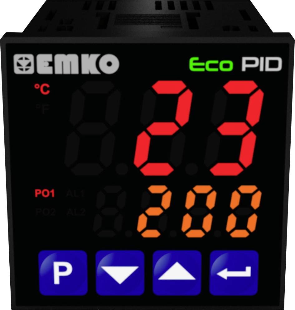 Digital temperature controller with 'Eco PID' display, showing current temperature of 22.3 degrees Celsius and target temperature of 200 degrees Celsius.