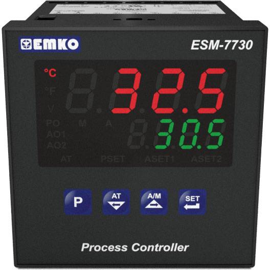 Electronic process controller displays '32.5°C' in red and '30.5' in green. Brand name 'EMKO' and model 'ESM-7730' in the top left corner.