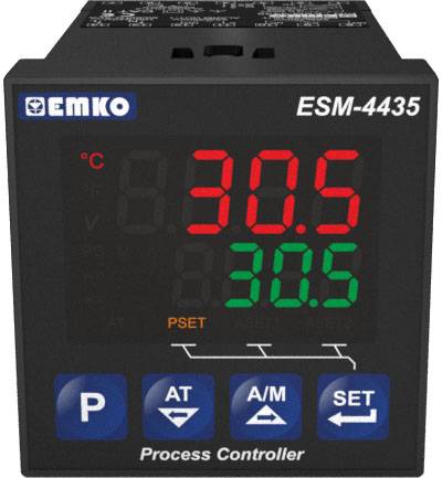 Process controller ESM-4435 from EMKO with digital temperature display, showing 30.5 degrees Celsius. Settings buttons visible below.
