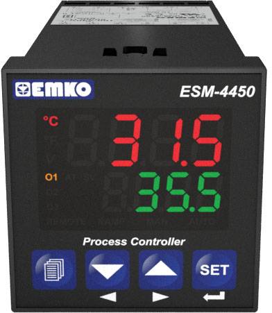 'EMKO ESM-4450' process controller displays temperature: Red '31.5°C', Green '35.5°C'. Triangular buttons and 'SET' button below.