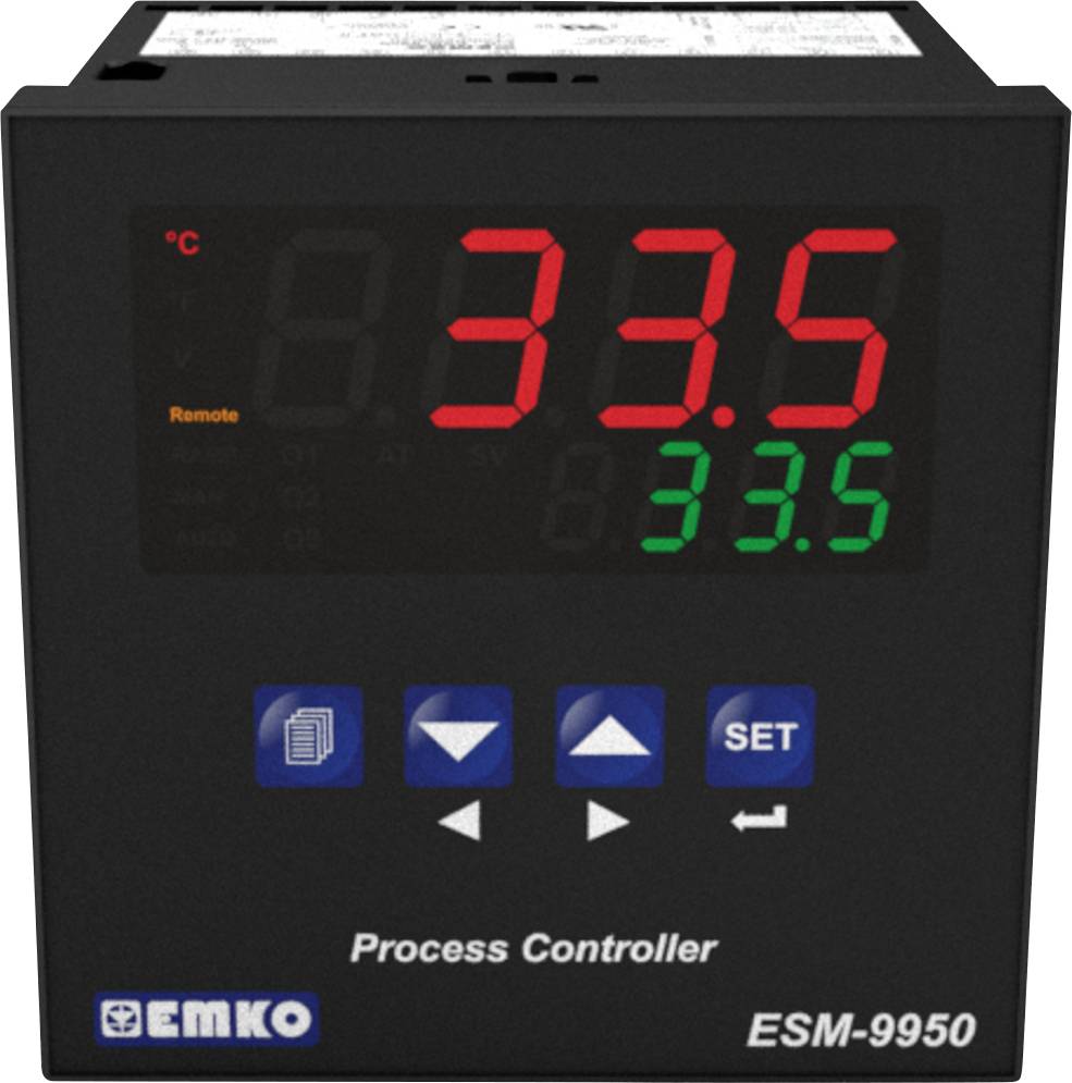 A digital process controller displays the temperature 335°C in red and 33.5 in green. Below are four operating buttons and a 'SET' button.