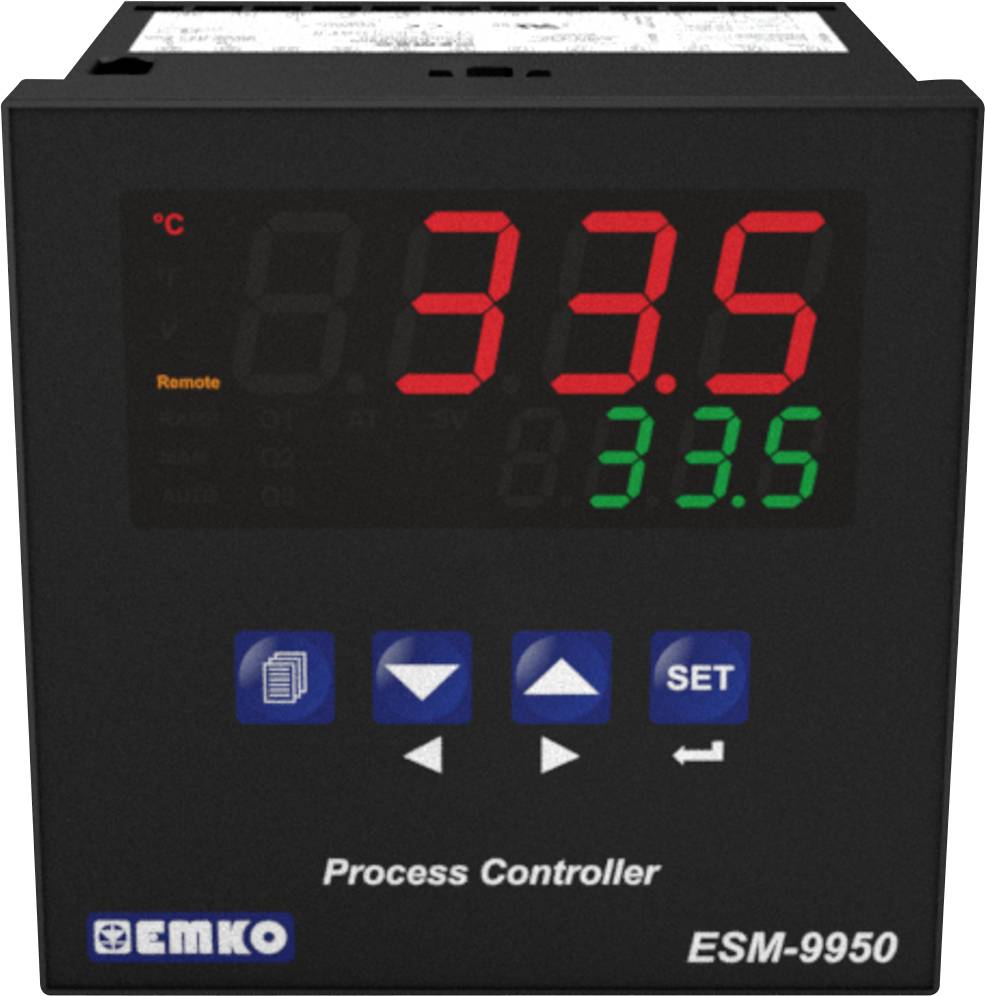 A digital process controller displays a temperature of 33.5 °C. The display is in red and green, with buttons underneath.