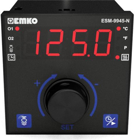Electronic temperature control device with digital display shows '125.0' degrees. A control knob is located at the bottom.