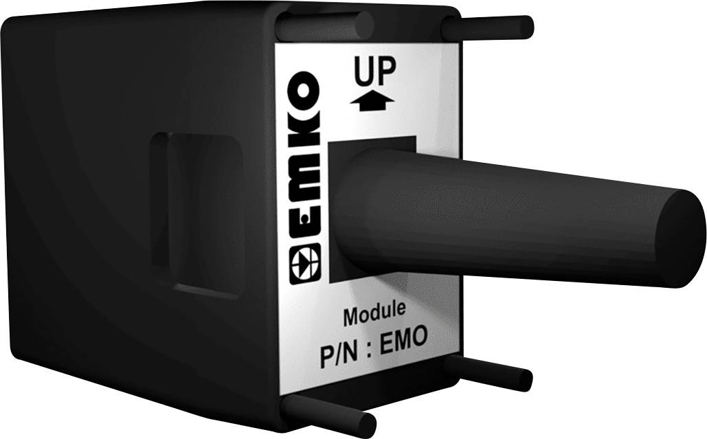 Black EMKO module with 'UP' inscription and P/N: EMO, rectangular shape, standing on six slender legs.