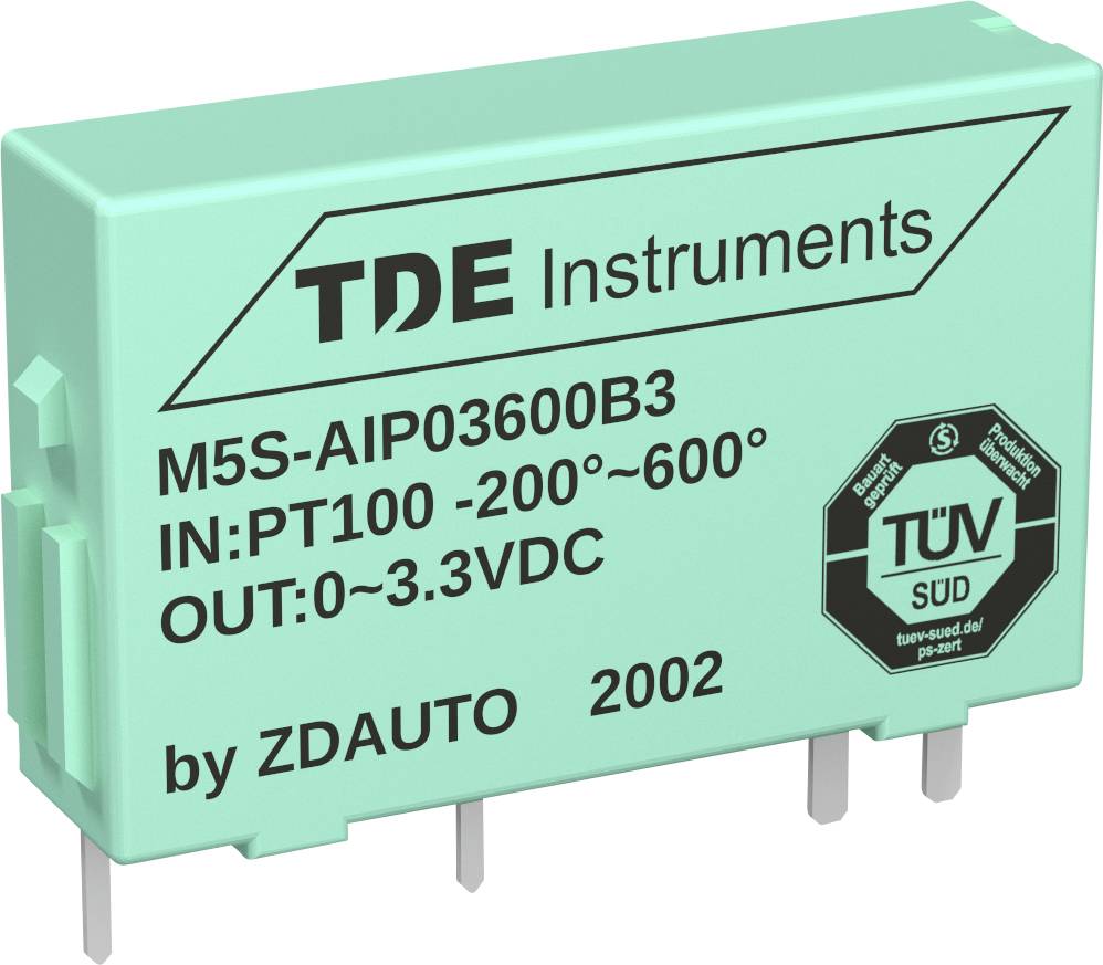 Grünes TDE Instruments-Modul mit TÜV-Süd-Logo, Modell M5S-AIP03600B3. Misst PT100 mit -200° bis 600° Eingang; Ausgang 0-3,3 VDC.