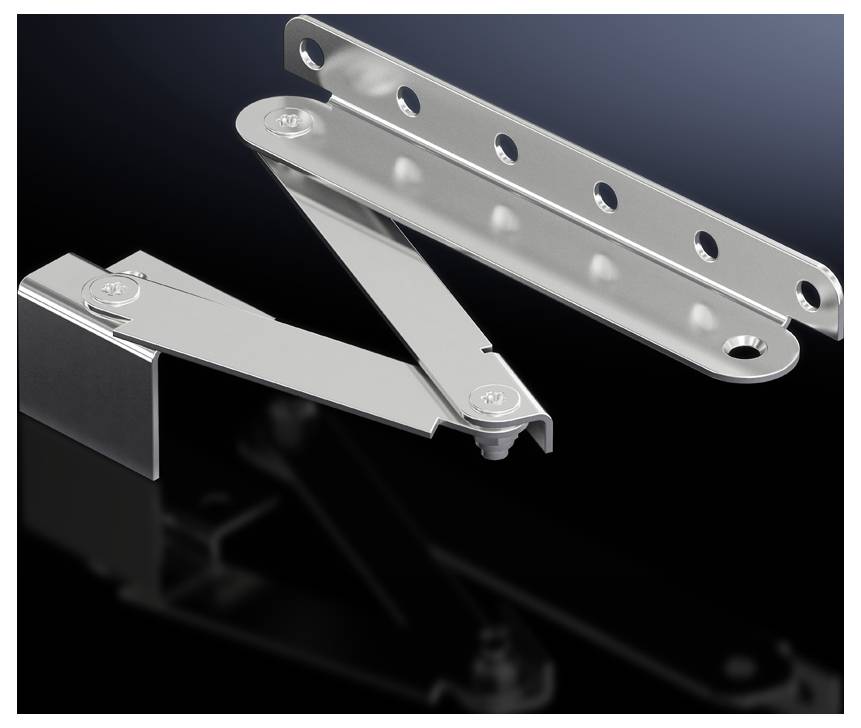 A silver hinge with multiple joints lies on a dark background. It has holes for mounting screws.