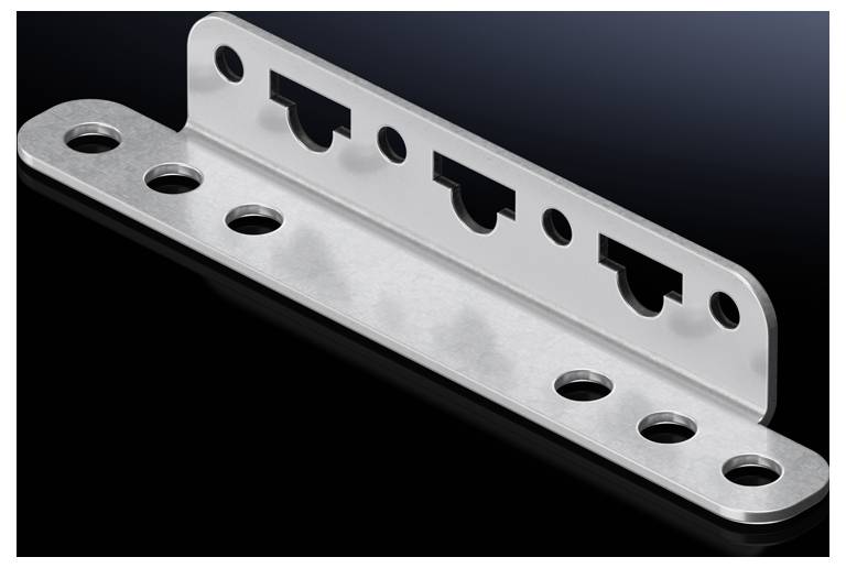 Metal fixing element with multiple holes and slots, suitable for various mounting applications.