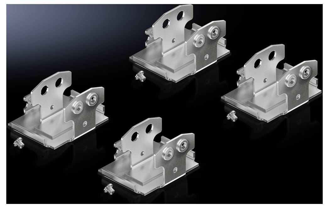 Four silver metal mountings on a black background, arranged symmetrically. They display different perspectives.