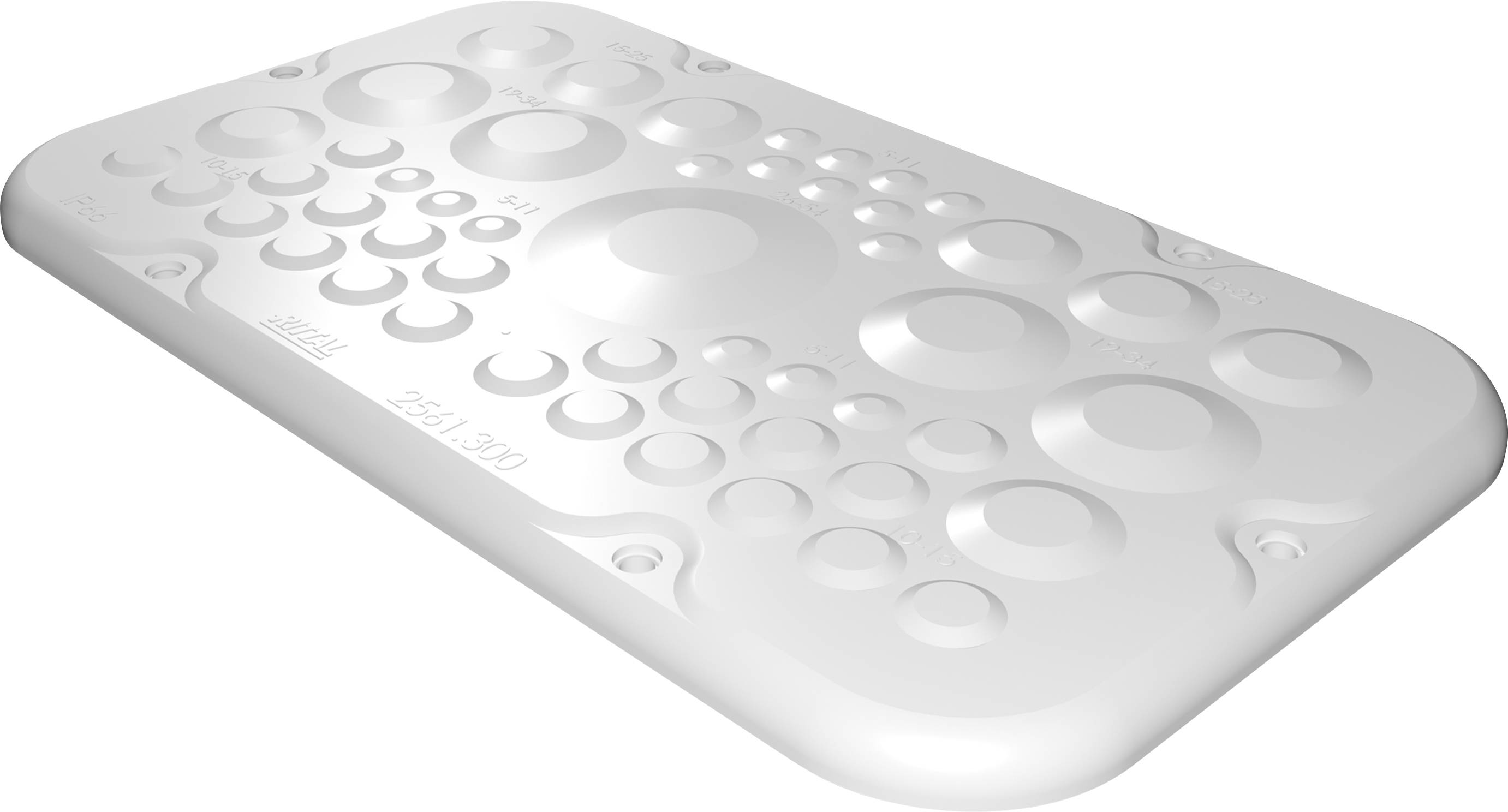 White cover with various circles on the surface, used for ground-level applications, symbol for water connections.