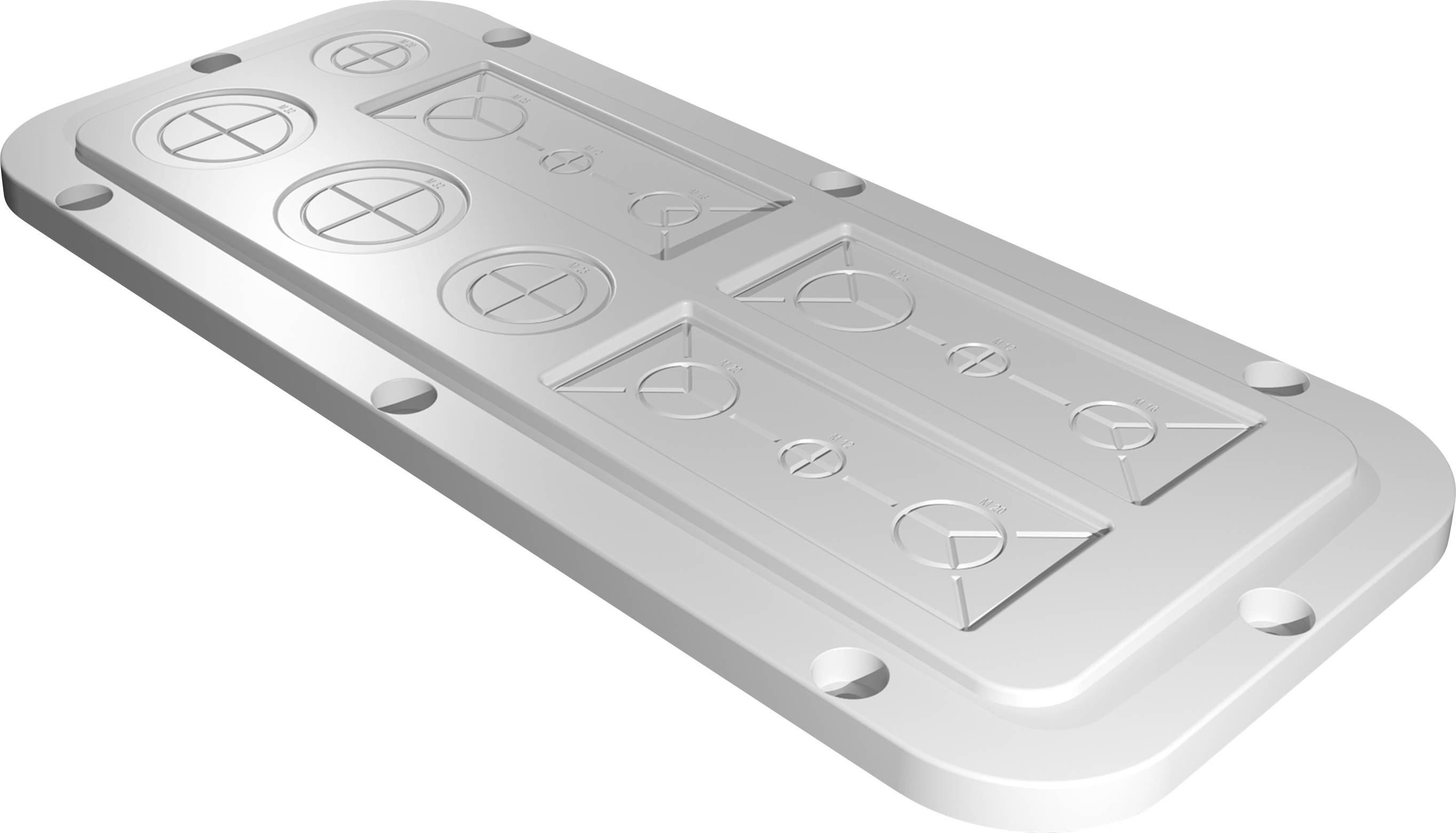 Metal plate with geometric engravings and screw holes at the corners, lying on a white surface.