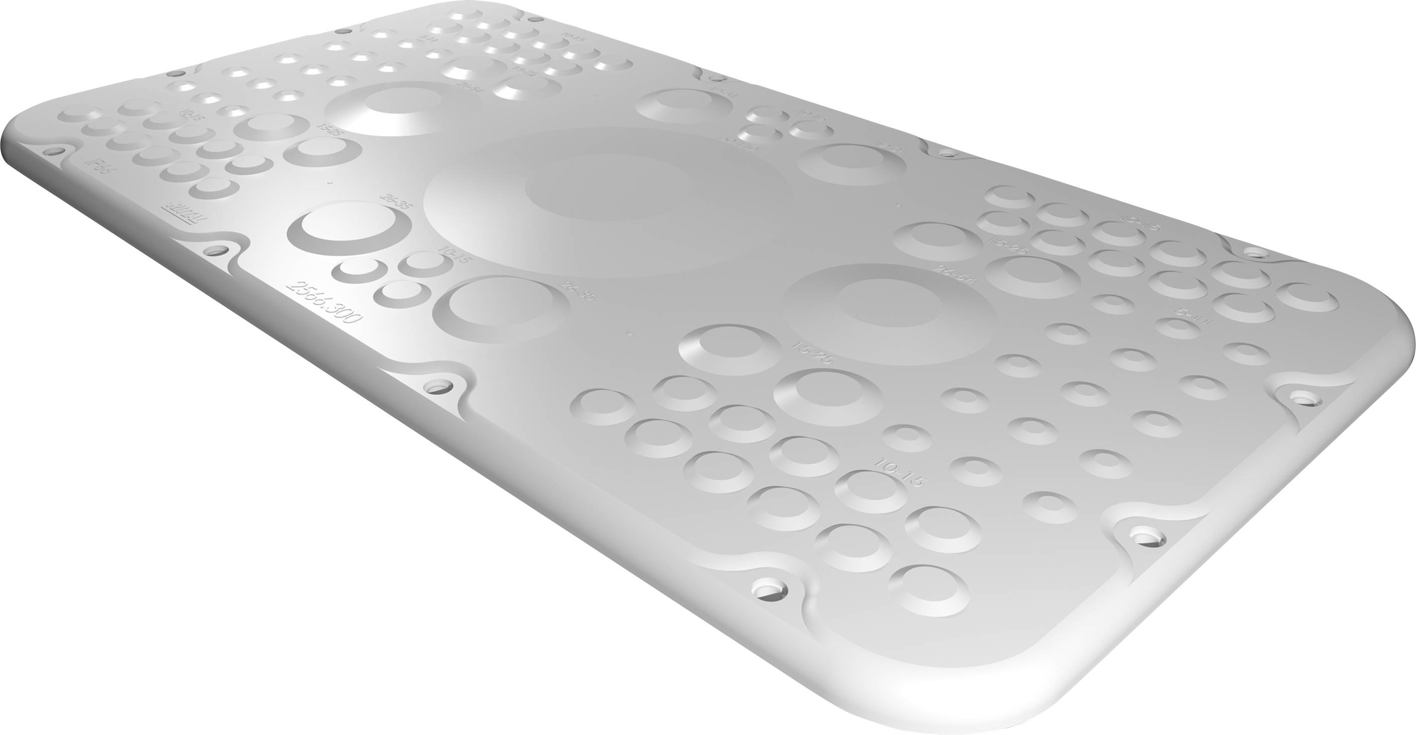 A rectangular, white balance board with various round protrusions distributed across its surface.