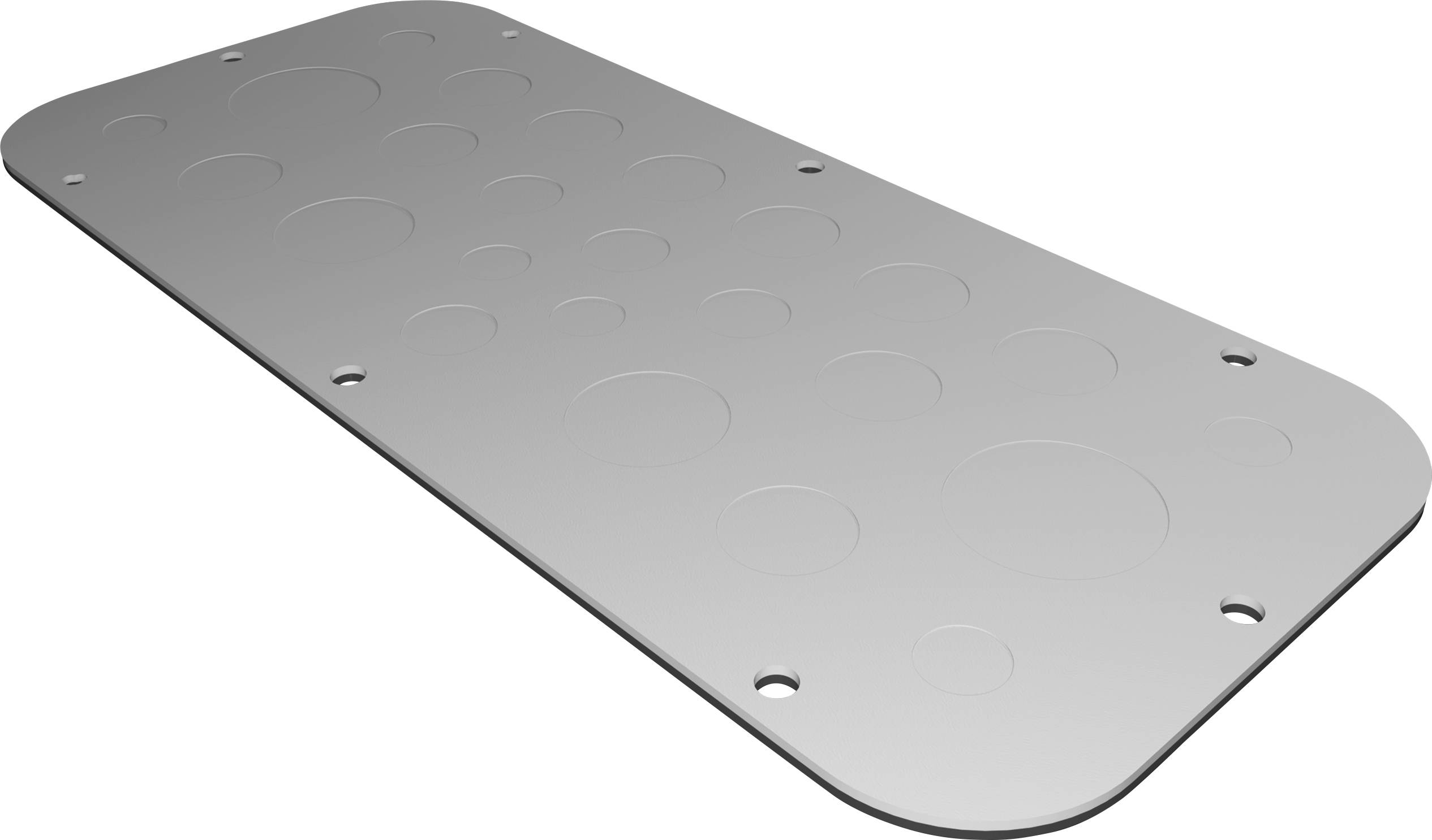 A rectangular metal plate with rounded corners and holes at the corners, smooth, without any visible markings.