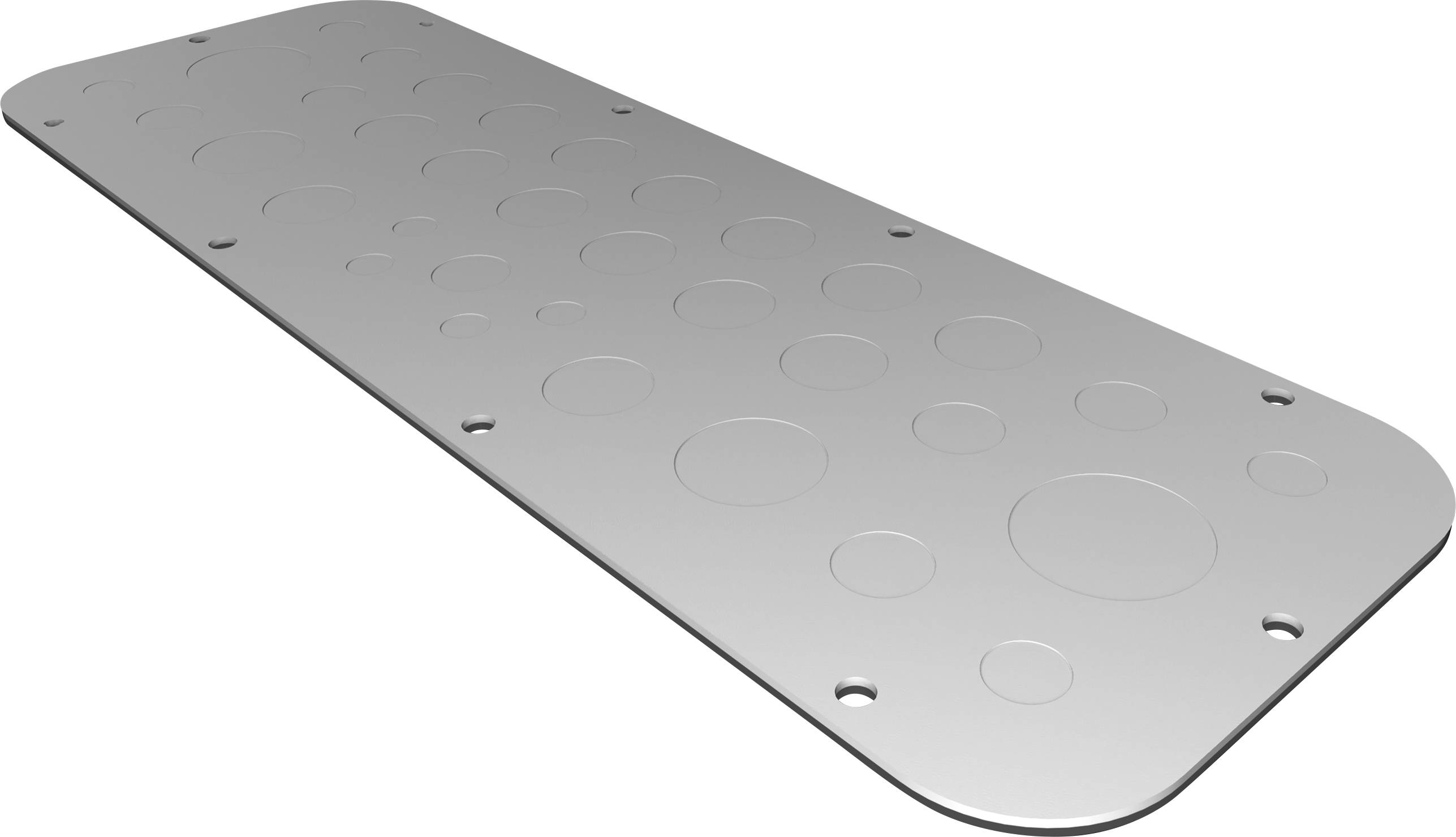 Rectangular metal plate with circular cutouts and pre-drilled holes at the corners, likely for mounting purposes.