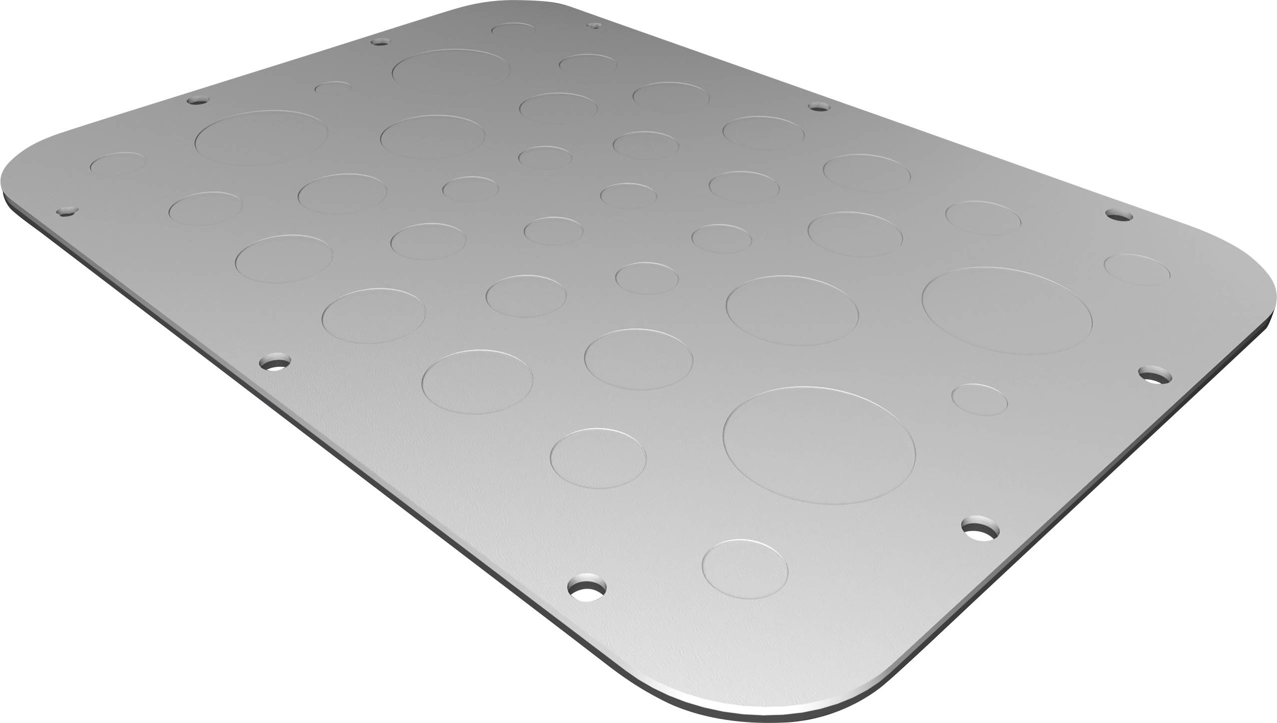 Silver, rectangular sheet of metal with round embossed details and holes at the corners, placed on a white background surface.