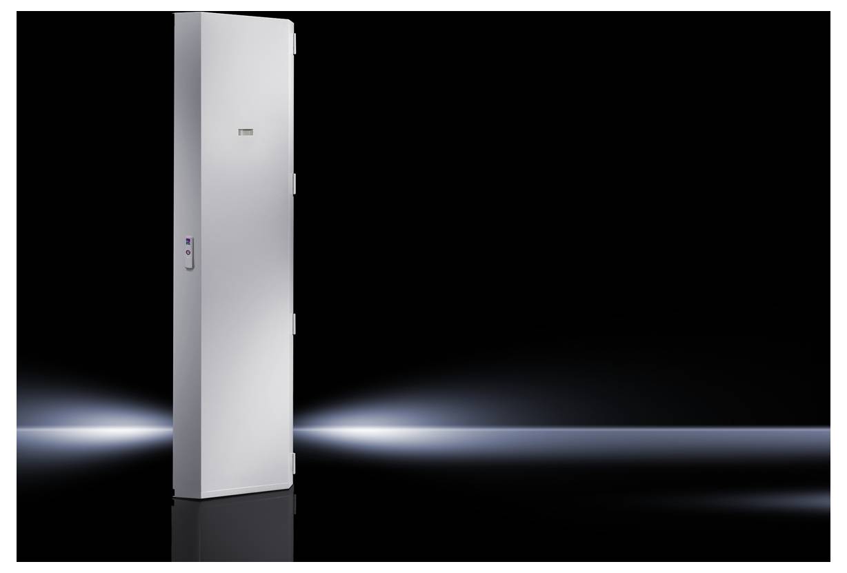 A grey cupboard with a closed door, set against a black background. A faint beam of light on the right. Minimalist design.