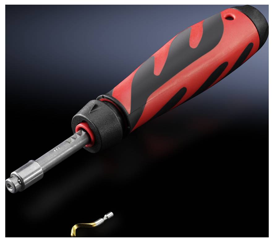 A red and black screwdriver with an ergonomic handle. A small, curved screwdriver tip lies in front of the screwdriver.