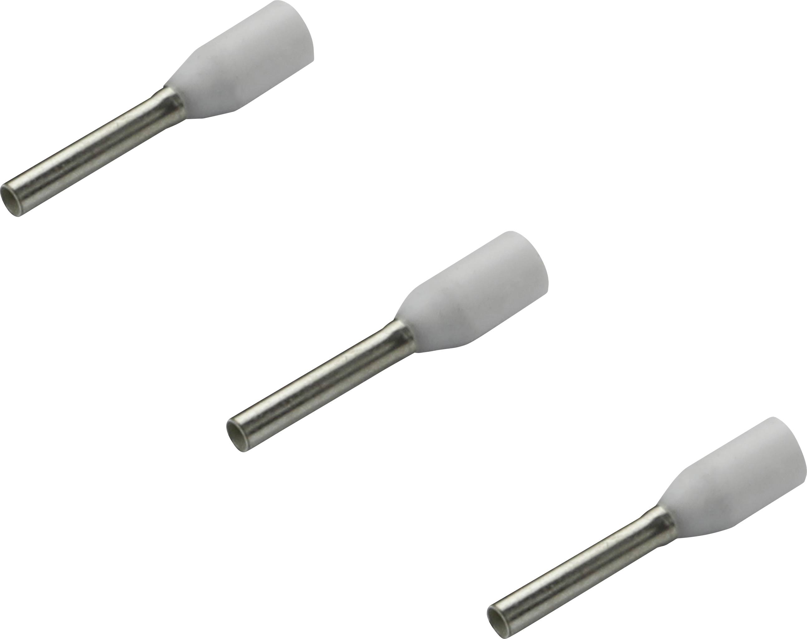 Three silver crimping connectors with a white plastic sheath, suspended against a white background.